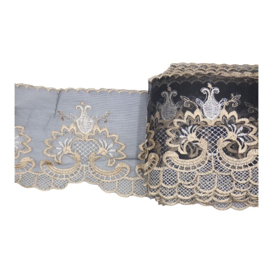 Δαντέλα γαλλική σαντιγί σε χρώμα μαύρο με σχέδιο λουλούδια 13,5 cm  ()