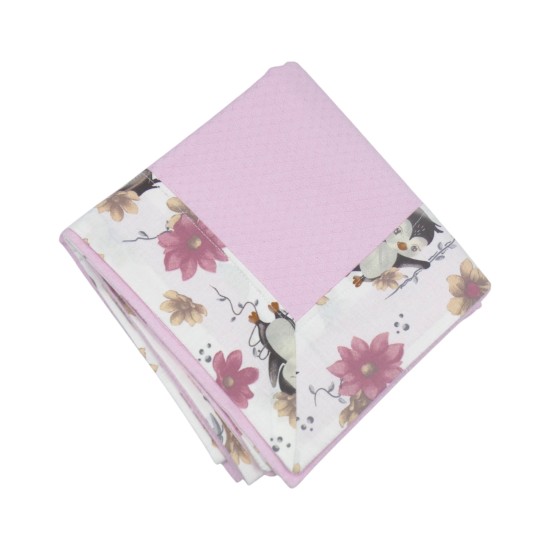 Χειροποίητη Πάνα πικέ ροζ με φάσα και σχέδιο πιγκουίνος  (90 x 90 cm) ()