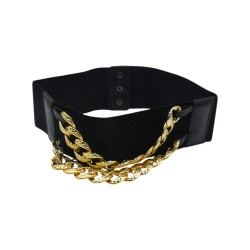 Γυναικεία ελαστική φαρδιά μαύρη ζώνη με δύο αλυσίδες στο μπροστινό μέρος