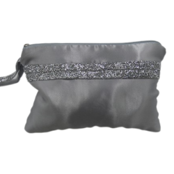 Σατέν τσαντάκι ασημί με στρας τρέσα 20x30 