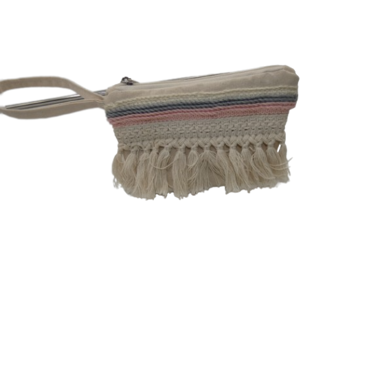 Υφασμάτινο τσαντάκι εκρου στυλ μποχο με τρίχρωμη τρέσα ρεγιόν και βαμβακερό κρόσσι 14x19 cm ()