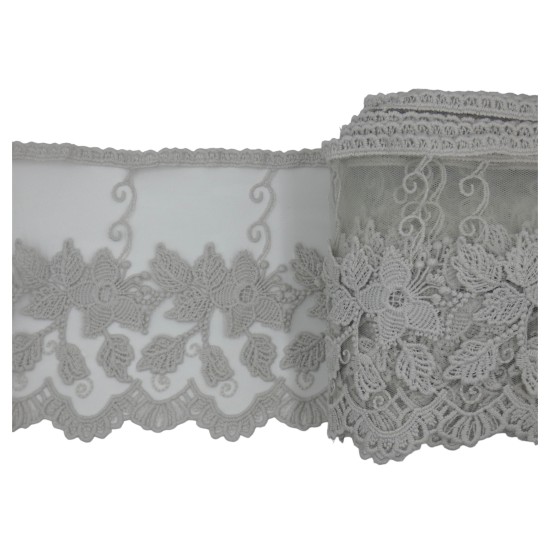 Δαντέλα γαλλική σαντιγί σε χρώμα γκρι με σχέδιο λουλούδια 14 cm  ()