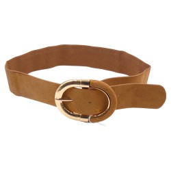 Γυναικεία φαρδιά ελαστική ζώνη με οβαλ αγκράφα χρυσή και μπεζ σουέτ