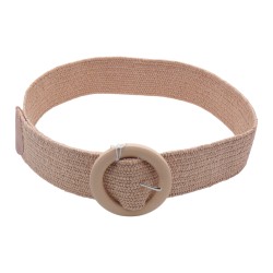 Γυναικεία ζώνη ελαστική ψάθινη ροζ και ξύλινη στρογγυλή αγκράφα