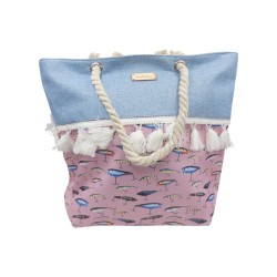 Τσάντα θαλάσσης υφασμάτινη με τζιν και φούντες σχέδιο ψάρια ροζ 45 x 39 cm