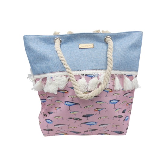Τσάντα θαλάσσης υφασμάτινη με τζιν και φούντες σχέδιο ψάρια ροζ 45 x 39 cm ()
