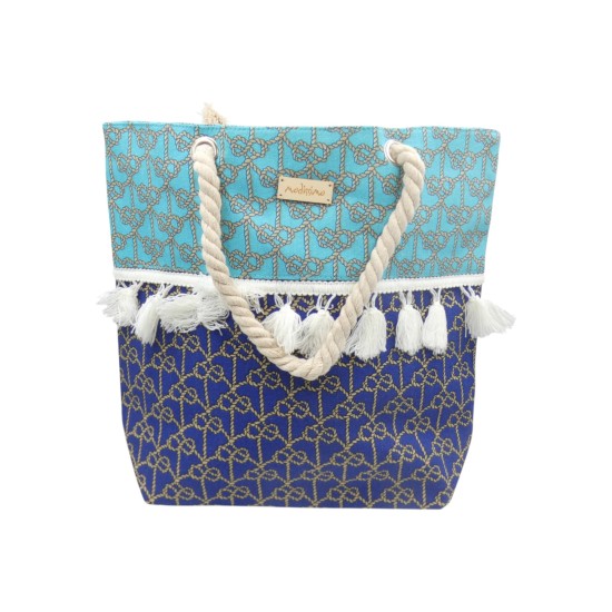 Τσάντα θαλάσσης υφασμάτινη δίχρωμη με φούντες και σχέδιο κόμπους γαλάζιο/μπλε 45 x 39 cm ()