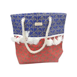 Τσάντα θαλάσσης υφασμάτινη δίχρωμη με φούντες και σχέδιο κόμπους κόκκινο/μπλε 45 x 39 cm