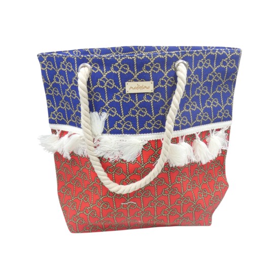 Τσάντα θαλάσσης υφασμάτινη δίχρωμη με φούντες και σχέδιο κόμπους κόκκινο/μπλε 45 x 39 cm ()
