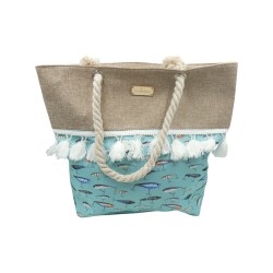 Τσάντα θαλάσσης υφασμάτινη με τζιν και φούντες σχέδιο ψάρια γαλάζιο 45 x 39 cm