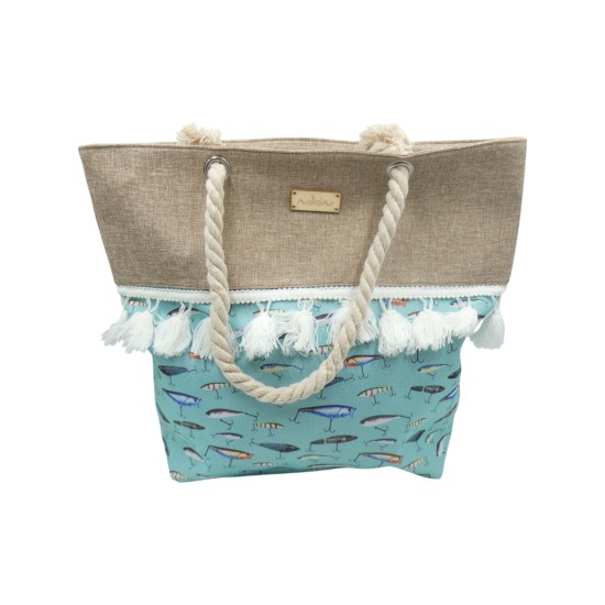 Τσάντα θαλάσσης υφασμάτινη με τζιν και φούντες σχέδιο ψάρια γαλάζιο 45 x 39 cm ()