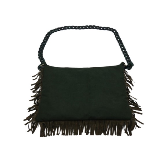 Τσαντάκι σουέτ δερματίνη σε χρώμα κυπαρισσί με δερμάτινο κρόσσι περιμετρικά και κοκάλινο λουρί 20x30 ()