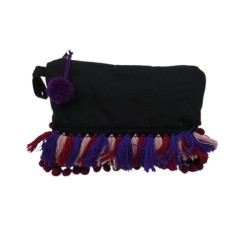 Υφασμάτινο τσαντάκι μαύρο στυλ μποχο με τρέσα στυλ μπόχο, κρόσσι και πον πον 20x30 cm