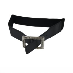 Γυναικεία φαρδιά ελαστική ζώνη με τετράγωνη αγκράφα ασημί με στρας