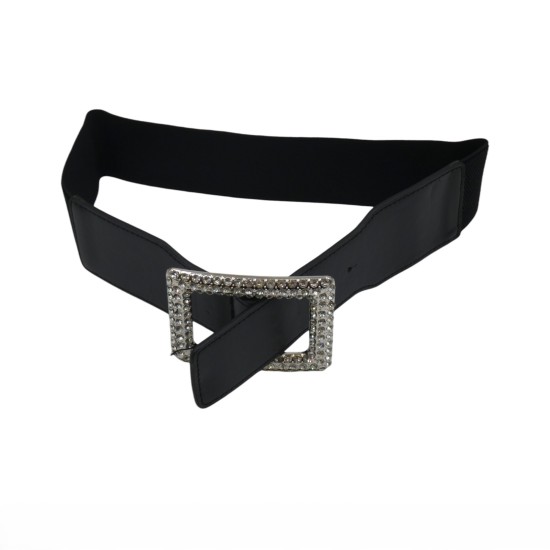 Γυναικεία φαρδιά ελαστική ζώνη με τετράγωνη αγκράφα ασημί με στρας ()