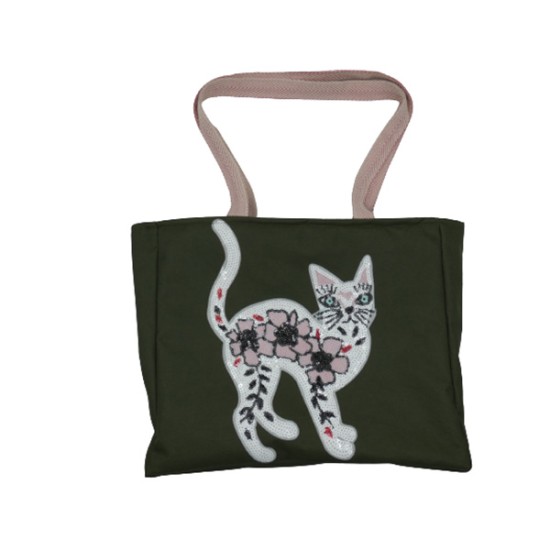 Τσάντα από αδιαβροχοποιημένο ύφασμα με μοτίφ κεντημένο με πούλιες γάτα ροζ και πάτο 30 x 36 cm ()